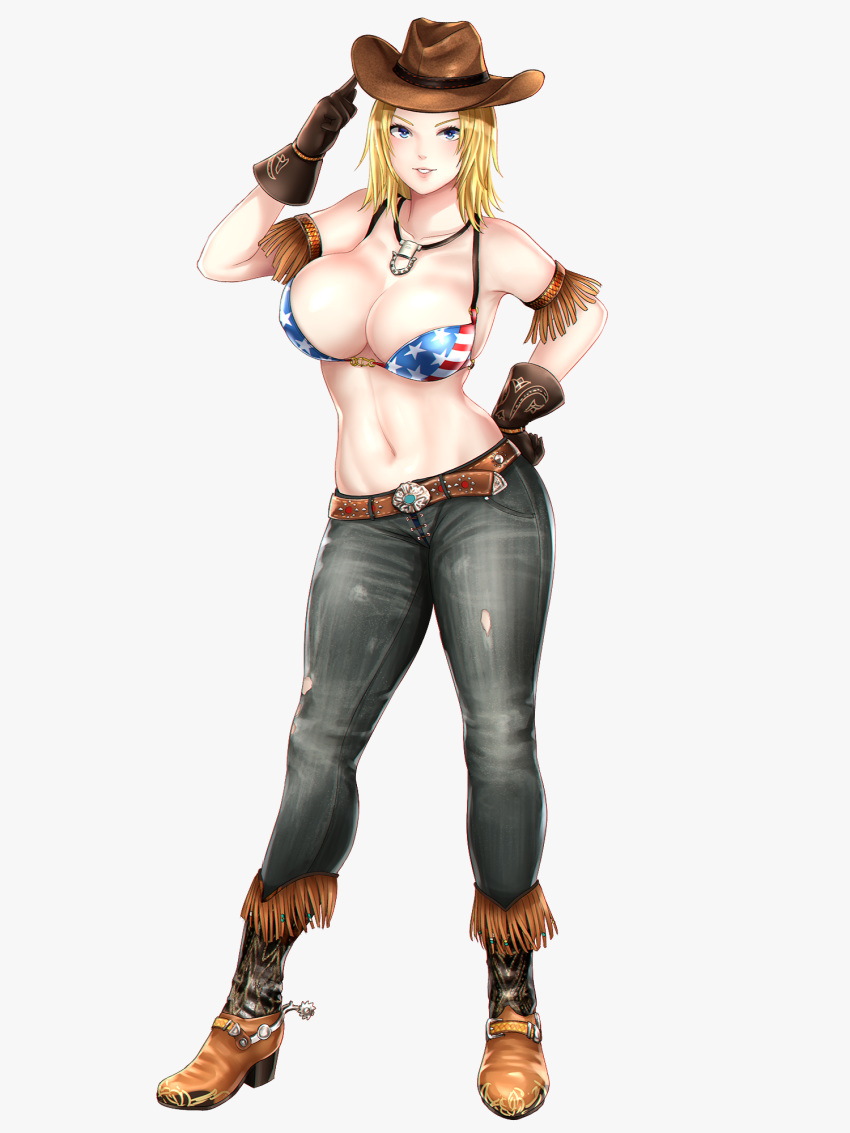 1girl american_flag_bikini arm_up bare_shoulders belt bikini bikini_top blonde_hair blue_eyes blush boots breasts brown_footwear brown_gloves cleavage collarbone commentary_request cowboy_hat dead_or_alive denim flag_print full_body gloves grey_pants hand_on_hip hat high_heel_boots high_heels highres jeans jewelry lips looking_at_viewer midriff navel necklace nyatokanyaru pants parted_lips shiny shiny_hair short_hair simple_background smile solo spurs standing stomach swimsuit teeth tina_armstrong torn_clothes torn_pants