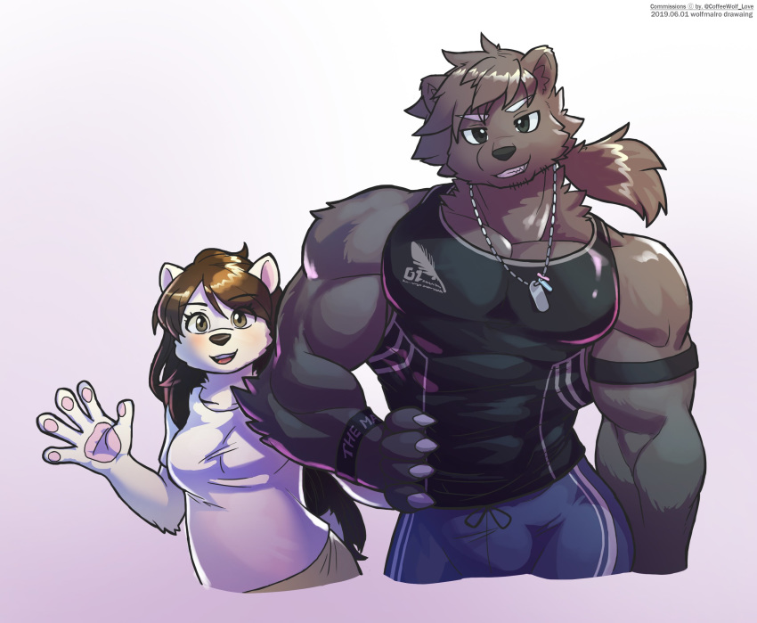 2019 abs absurd_res anthro biceps clothed clothing digital_media_(artwork) female fur hair hi_res male mammal muscular muscular_male size_difference ursid wolfmalro