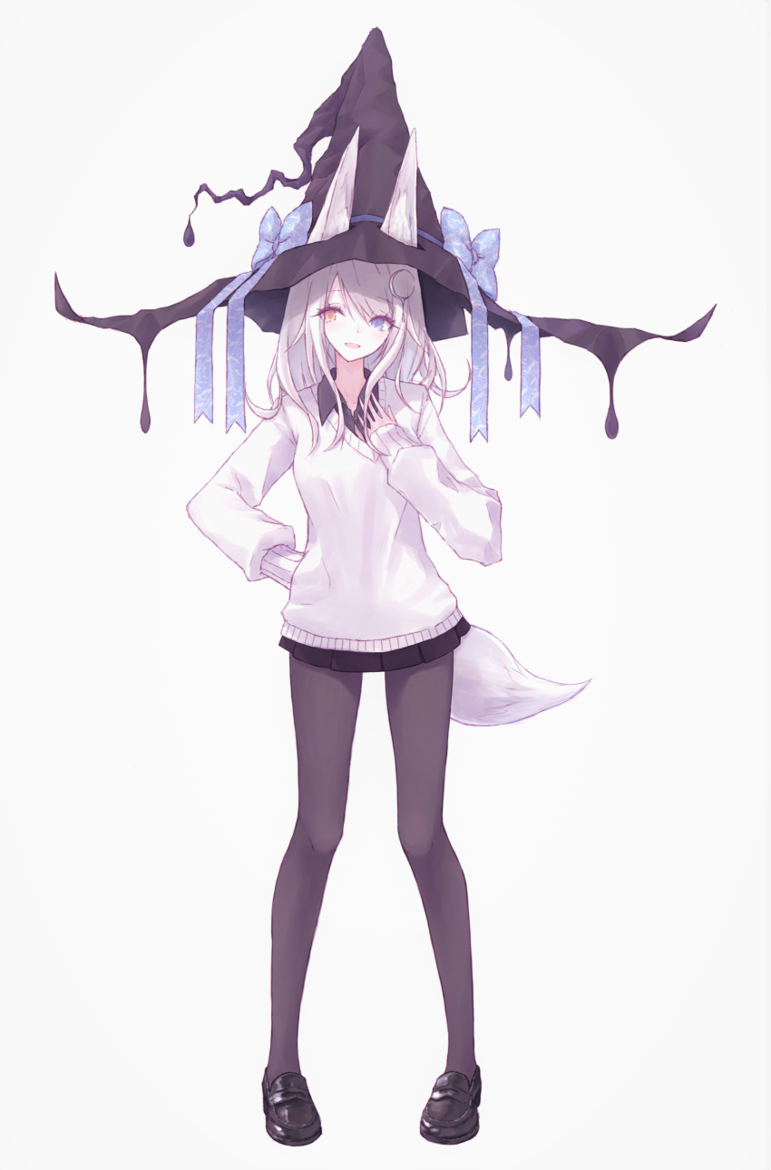 1girl :d absurdres animal_ear_fluff animal_ears bangs black_footwear black_headwear black_legwear black_shirt black_skirt blue_bow blue_eyes blush bow brown_eyes buran_(kure) collarbone collared_shirt dress_shirt ears_through_headwear eyebrows_visible_through_hair fox_ears fox_girl fox_tail full_body grey_background hair_between_eyes hair_ornament hand_up hat hat_bow heterochromia highres loafers long_hair long_sleeves miniskirt open_mouth original pantyhose pigeon-toed pleated_skirt shirt shoes simple_background skirt sleeves_past_wrists smile solo standing sweater tail white_hair white_sweater witch_hat