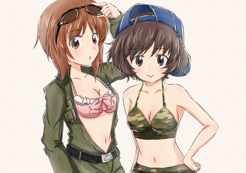 2girls adjusting_eyewear akiyama_yukari alternate_costume backwards_hat bangs baseball_cap belt bikini black_belt blue_headwear bow_bikini breasts brown_eyes brown_hair camouflage camouflage_bikini cleavage closed_mouth commentary emblem eyebrows_visible_through_hair eyewear_on_head frilled_bikini_top girls_und_panzer green_bikini hand_on_hip hat highres long_sleeves looking_at_viewer medium_breasts messy_hair multiple_girls munisuke_(zrkt7883) navel nishizumi_miho ooarai_(emblem) open_jumpsuit parted_lips pink_bikini_top short_hair simple_background smile standing sunglasses swimsuit traditional_media upper_body white_background