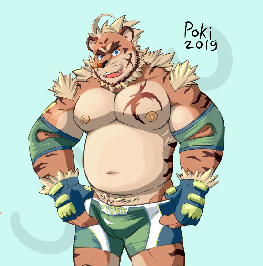 2019 absurd_res anthro beard belly biceps blue_eyes bottomwear clothing facial_hair felid hi_res hombretigre humanoid_hands male mammal moobs navel nipples overweight overweight_male pantherine pecs poki_eida shorts simple_background solo teeth tiger tokyo_afterschool_summoners video_games