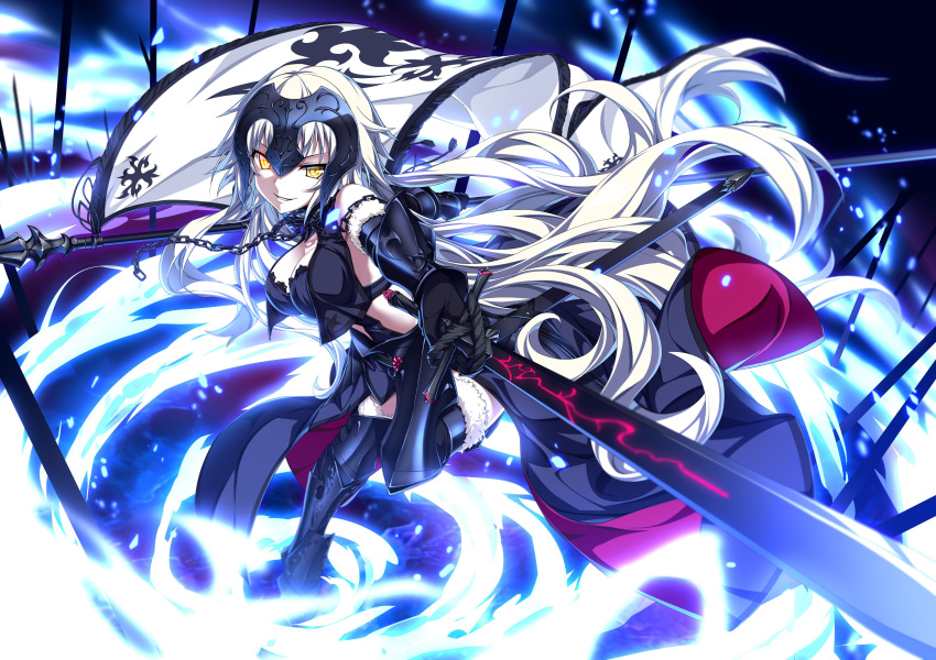 1girl absurdres armor bangs breasts cleavage commentary_request fate/grand_order fate_(series) flag flagpole fur_trim gauntlets headpiece highres jeanne_d'arc_(alter)_(fate) jeanne_d'arc_(fate)_(all) large_breasts long_hair silver_hair smile solo sword thighhighs ugume weapon yellow_eyes