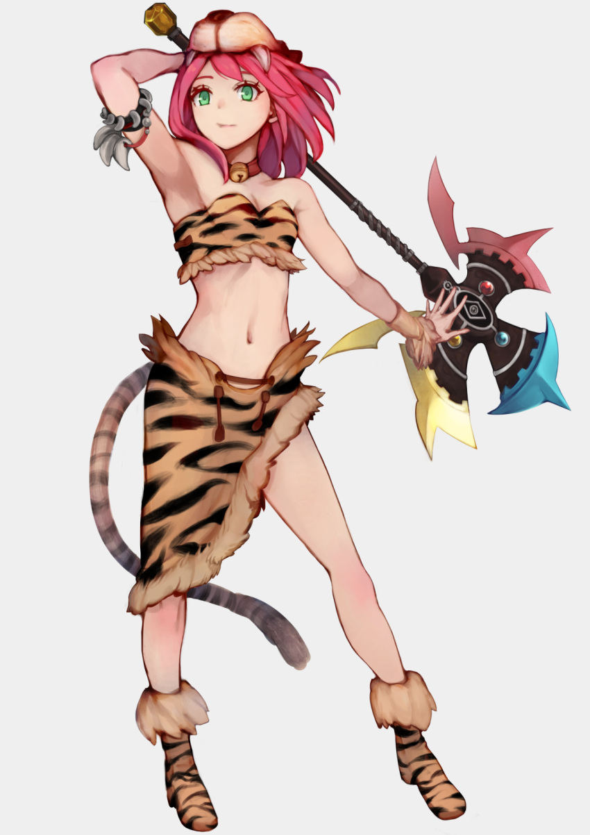 1girl animal_hat animal_print arm_up armpits axe bare_shoulders battle_axe bell bell_collar berserker_(final_fantasy) breasts chienon cleavage collar final_fantasy final_fantasy_v full_body green_eyes hat highres holding holding_axe holding_weapon jingle_bell legs_apart lenna_charlotte_tycoon pink_hair red_collar short_hair skirt small_breasts solo standing tail tiger_hat tiger_print tiger_tail weapon white_background