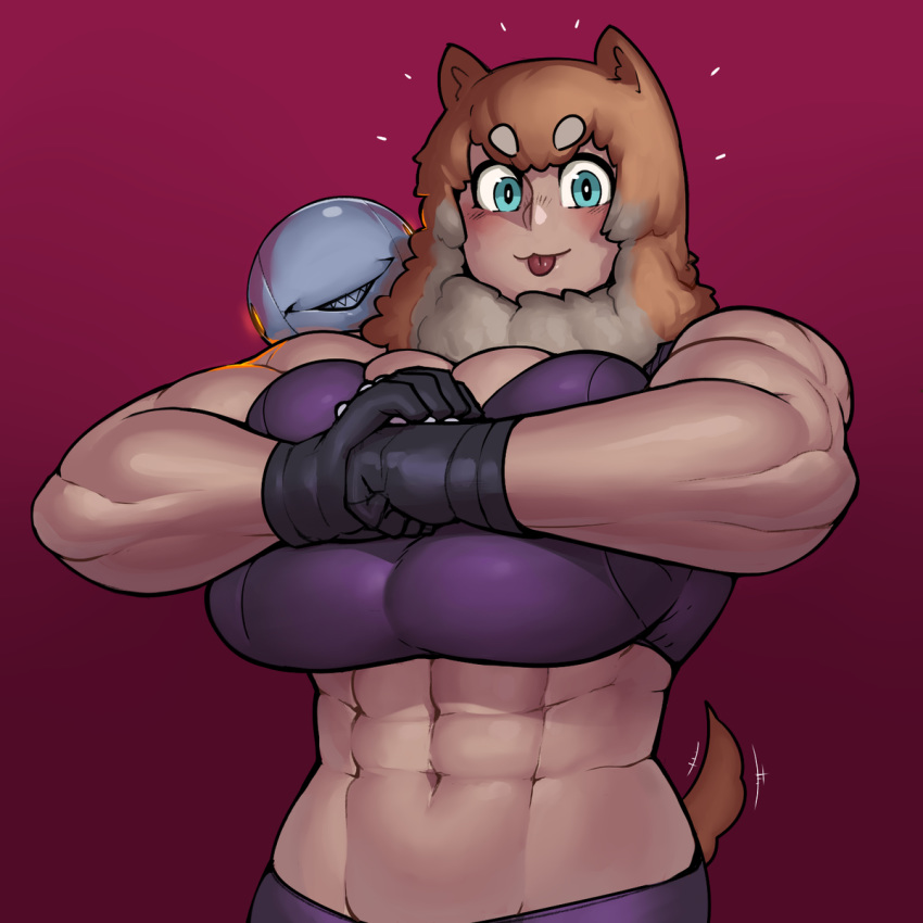 1:1 :3 abs ambiguous_gender animal_humanoid biceps big_breasts blep blue_eyes blush breasts brown_hair canid canid_humanoid canine canine_humanoid cleavage clothed clothing dog_humanoid felicia_(krekk0v) female female_focus gloves hair hi_res huge_breasts humanoid krek krekk0v machine mammal mammal_humanoid midriff muscular muscular_female navel robot solo_focus studded_gloves tailwag tongue tongue_out white_hair