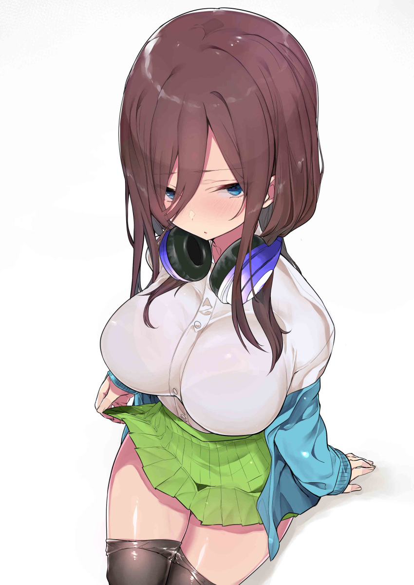 1girl absurdres arm_support asymmetrical_bangs bangs blue_cardigan blue_eyes blush bra_through_clothes breasts brown_hair cardigan collared_shirt eyebrows_visible_through_hair go-toubun_no_hanayome green_skirt half-closed_eyes headphones headphones_around_neck highres large_breasts long_hair long_sleeves looking_at_viewer mitsudoue nakano_miku off_shoulder pantyhose pantyhose_pull parted_lips pleated_skirt school_uniform see-through shirt sidelocks simple_background sitting skirt skirt_lift solo white_background white_shirt