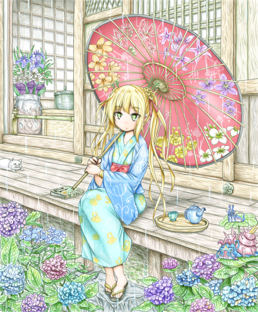 1girl architecture blonde_hair cat commentary_request cup east_asian_architecture expressionless eyebrows_visible_through_hair fennel_(flower_knight_girl) floral_print flower flower_knight_girl fusuma green_eyes highres holding hydrangea japanese_clothes kimono leaf long_hair looking_at_viewer obi oriental_umbrella plant potted_plant rain sandals sash sitting sliding_doors solo teacup teapot thick_eyebrows tray twintails umbrella veranda very_long_hair ys_(ytoskyoku-57) yukata