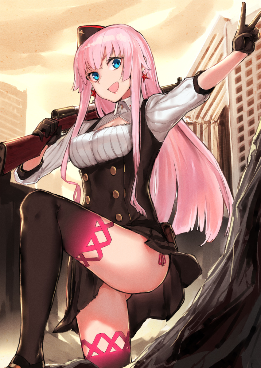 1girl bangs beret black_gloves black_skirt blue_eyes breasts building buttons earrings eyebrows_visible_through_hair girls_frontline gloves gun hat highres holding holding_gun holding_weapon jewelry leg_up long_hair open_mouth outdoors panties pink_hair poco_(backboa) rifle short_sleeves side-tie_panties simonov_(girls_frontline) skirt sks sky solo star star_earrings thighhighs underwear v weapon