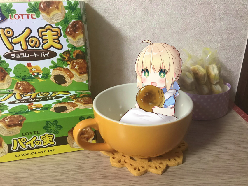 +_+ 1girl :d ahoge aizawa85 apron artoria_pendragon_(all) bangs blonde_hair blue_dress blush braid chibi cup dress eyebrows_visible_through_hair fate/stay_night fate_(series) food green_eyes hair_between_eyes heart highres holding holding_food in_container in_cup indoors maid_apron minigirl open_mouth photo_background puffy_short_sleeves puffy_sleeves saber short_sleeves sidelocks smile solo white_apron