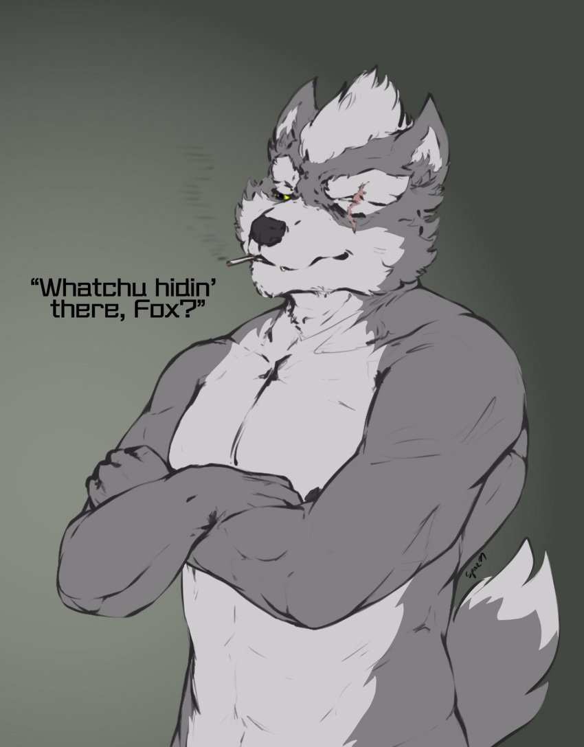 abs anthro canid canine canis cigarette dialogue hi_res male mammal muscular muscular_male nintendo nipples nude pecs smoking spazmaverick star_fox text video_games wolf wolf_o'donnell
