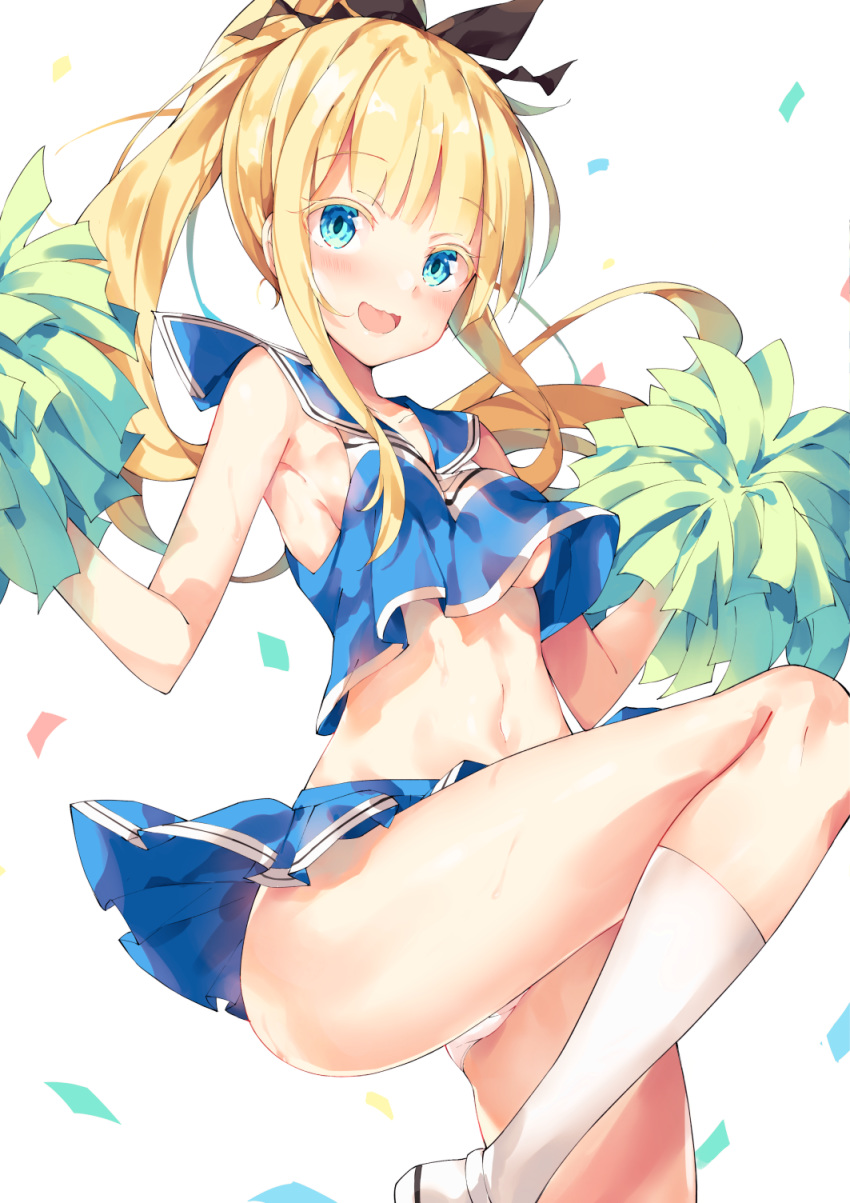 1girl :d alternate_costume armpits ass bare_arms bare_shoulders blonde_hair blue_eyes blue_sailor_collar blue_shirt blue_skirt blush breasts cheerleader collarbone commentary_request confetti crop_top crop_top_overhang floating_hair hair_ribbon hands_up highres holding_pom_poms juliet_persia kishuku_gakkou_no_juliet knee_up kneehighs long_hair looking_at_viewer medium_breasts midriff miniskirt navel open_mouth panties ponytail ribbon sailor_collar shirt shoes sidelocks simple_background skirt sleeveless sleeveless_shirt smile solo stomach sweat thighs unacchi_(nyusankin) underwear very_long_hair white_background white_footwear white_legwear white_panties