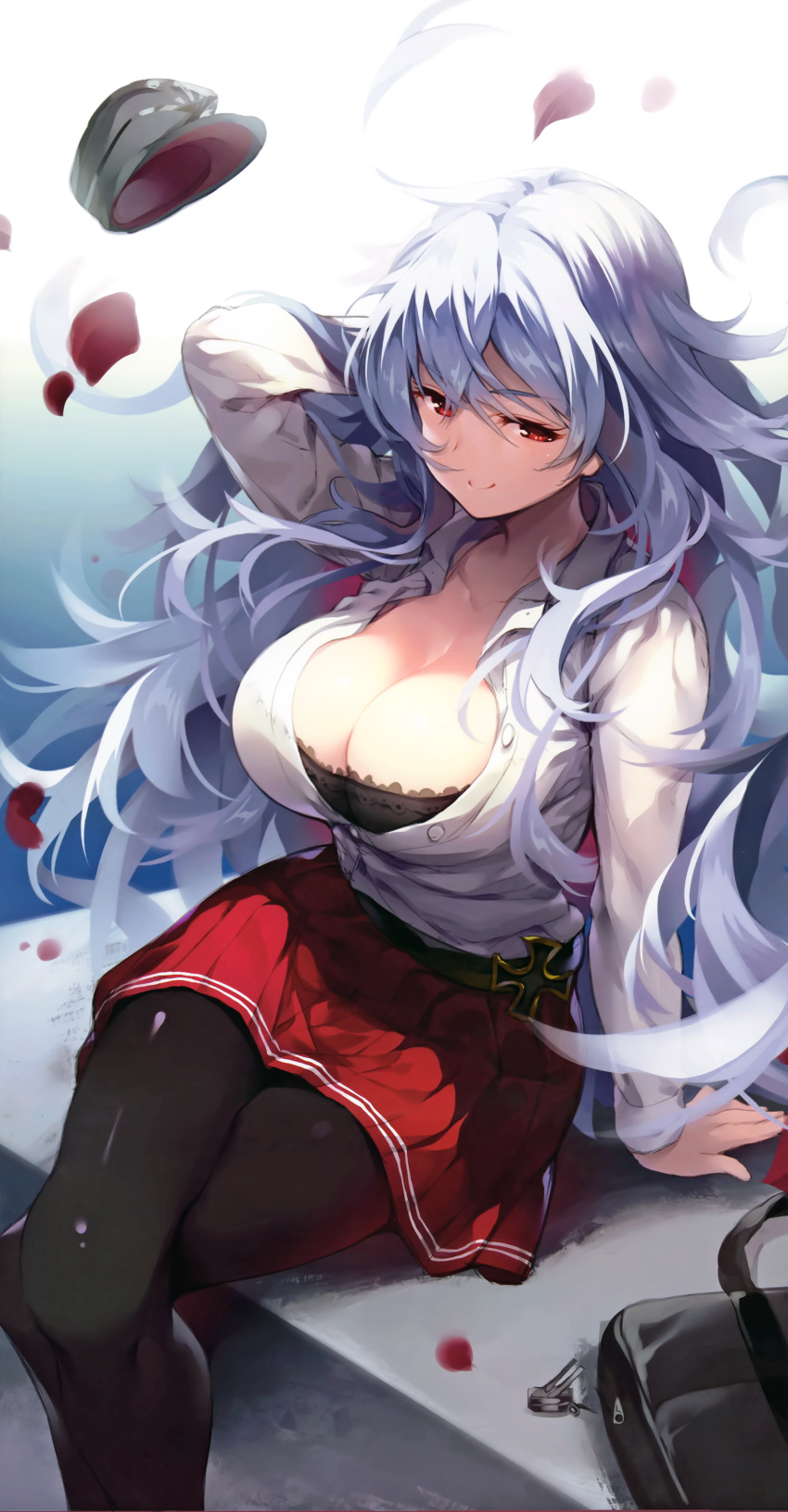 1girl absurdres arm_support azur_lane bangs black_legwear blush bra breasts cleavage closed_mouth collared_shirt cropped crossed_legs eyebrows_visible_through_hair floating_hair graf_zeppelin_(azur_lane) hair_between_eyes hat headwear_removed highres lace lace-trimmed_bra large_breasts long_hair long_sleeves looking_at_viewer multiple_views pantyhose partially_unbuttoned peaked_cap red_eyes red_skirt scan school_uniform senji_(tegone_spike) shirt silver_hair sitting skirt smile underwear uniform very_long_hair white_shirt wind x)