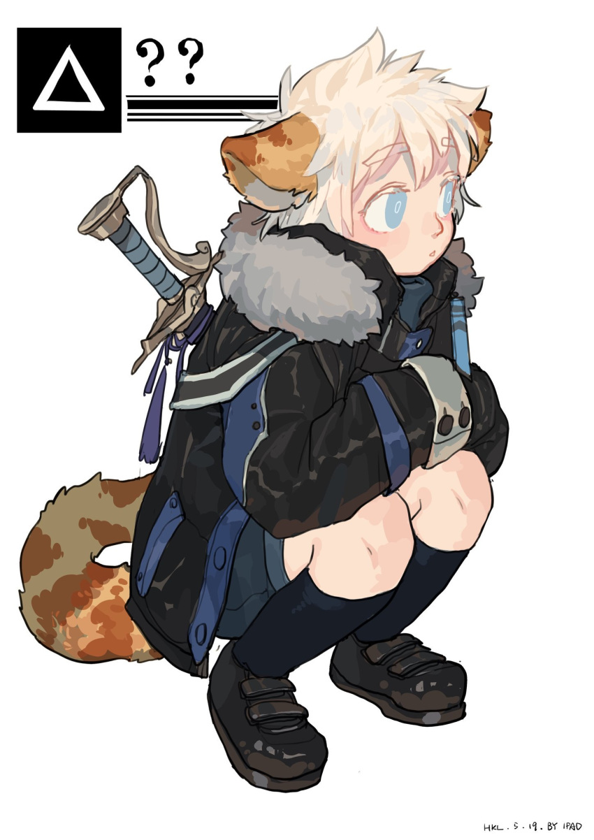 ? animal_humanoid blue_eyes clothed clothing crouching felid felid_humanoid feline feline_humanoid hair hi_res hkl9917462 humanoid male mammal mammal_humanoid melee_weapon sword weapon white_hair