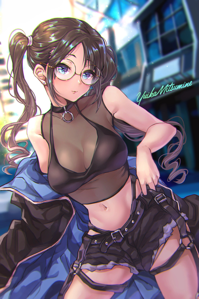 1girl absurdres artist_name bare_arms bare_shoulders black_bra black_shorts blue_eyes blurry blurry_background bra breasts brown_hair building cleavage commentary_request cowboy_shot crop_top cursive depth_of_field earrings glasses glint gold-framed_eyewear highleg highres idolmaster idolmaster_shiny_colors jacket jewelry long_hair looking_at_viewer medium_breasts midriff mitsumine_yuika navel off_shoulder open_clothes open_jacket parted_lips round_eyewear see-through short_shorts shorts sidelocks sleeveless smile solo standing tdnd-96 twintails underwear