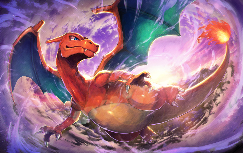 1other backlighting blue_eyes charizard claws commentary_request dragon_wings fangs fewer_digits fire flying gen_1_pokemon highres horns kuroi_susumu no_humans orange_skin pokemon pokemon_(creature) pokemon_(game) pokemon_rgby sky solo tail wings