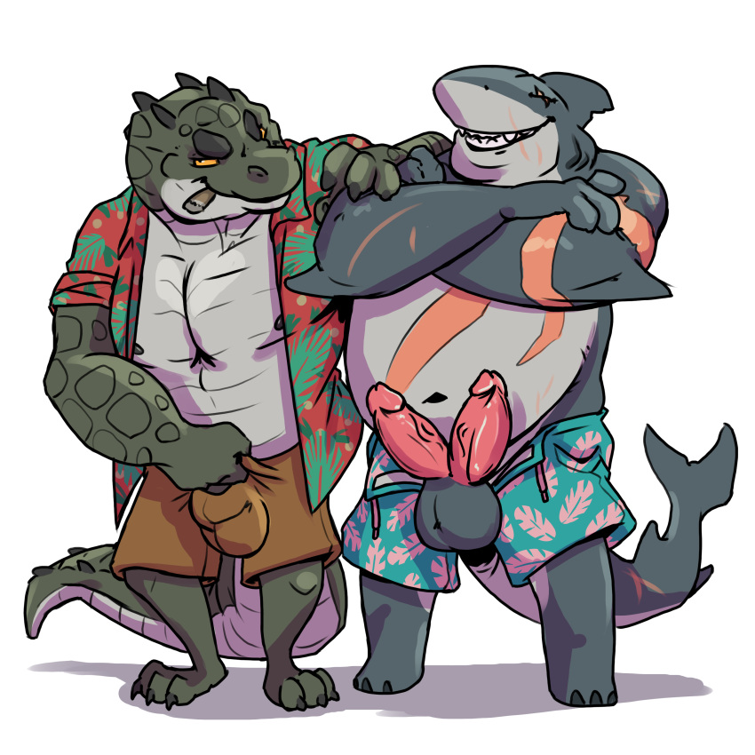 1:1 absurd_res anthro bulge clothed clothing crocodile crocodilian crocodylid duo erection fish hi_res humanoid_penis male marine multi_penis muscular muscular_male nipples overweight penis reptile scalie shark simple_background sinibun_95 slightly_chubby standing