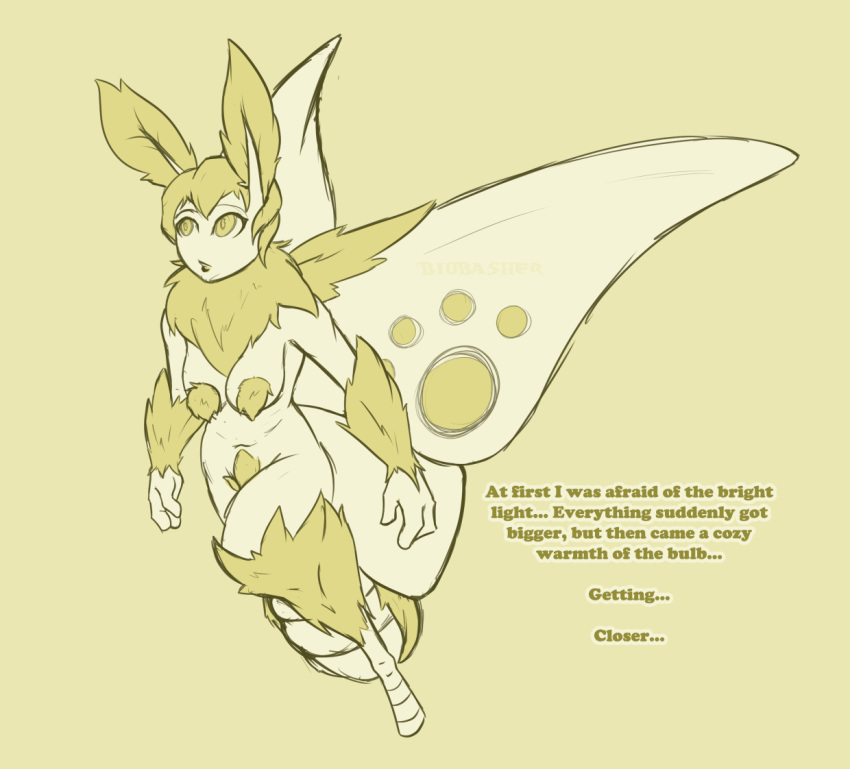 2019 animal_humanoid arthropod arthropod_humanoid biobasher breasts dialogue female flying hair humanoid insect insect_humanoid lepidopteran lepidopteran_humanoid monochrome moth_humanoid navel nude simple_background solo wings yellow_background