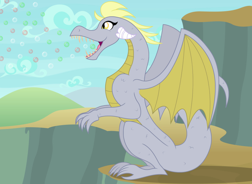 2019 alternate_species badumsquish blonde_hair bubble derpy_hooves_(mlp) dragon dragonification female friendship_is_magic hair hi_res horn my_little_pony scalie sitting solo western_dragon wings