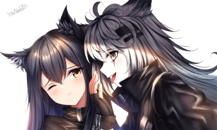 2girls animal_ears arknights black_hair brown_eyes close gloves gray_eyes gray_hair lappland_(arknights) long_hair scar signed texas_(arknights) white wink wsman