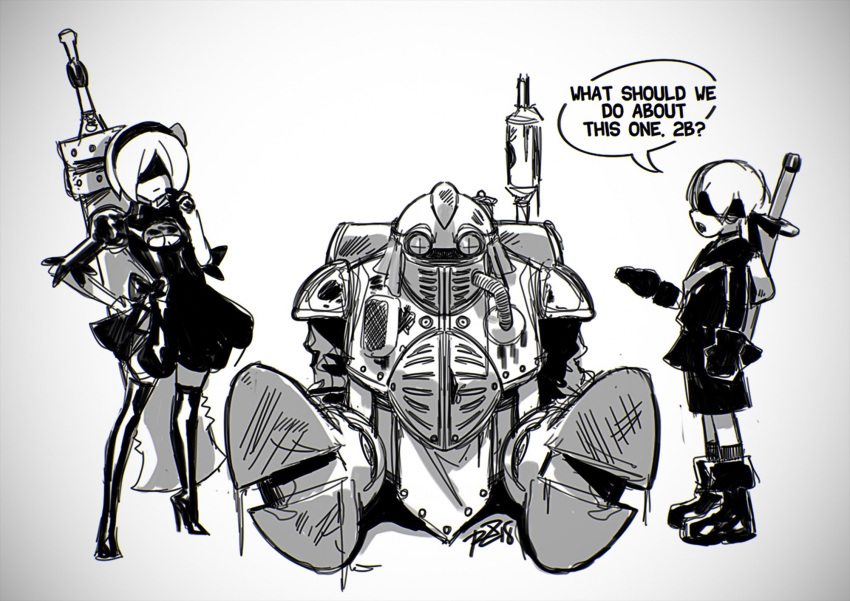 1girl 2boys android black_gloves blindfold chibi chrono_trigger cleavage_cutout commentary crossover english_commentary english_text gloves high_contrast highres huge_weapon monochrome multiple_boys nier_(series) nier_automata robert_porter robo robot short_hair shorts speech_bubble sword weapon weapon_on_back yorha_no._2_type_b yorha_no._9_type_s