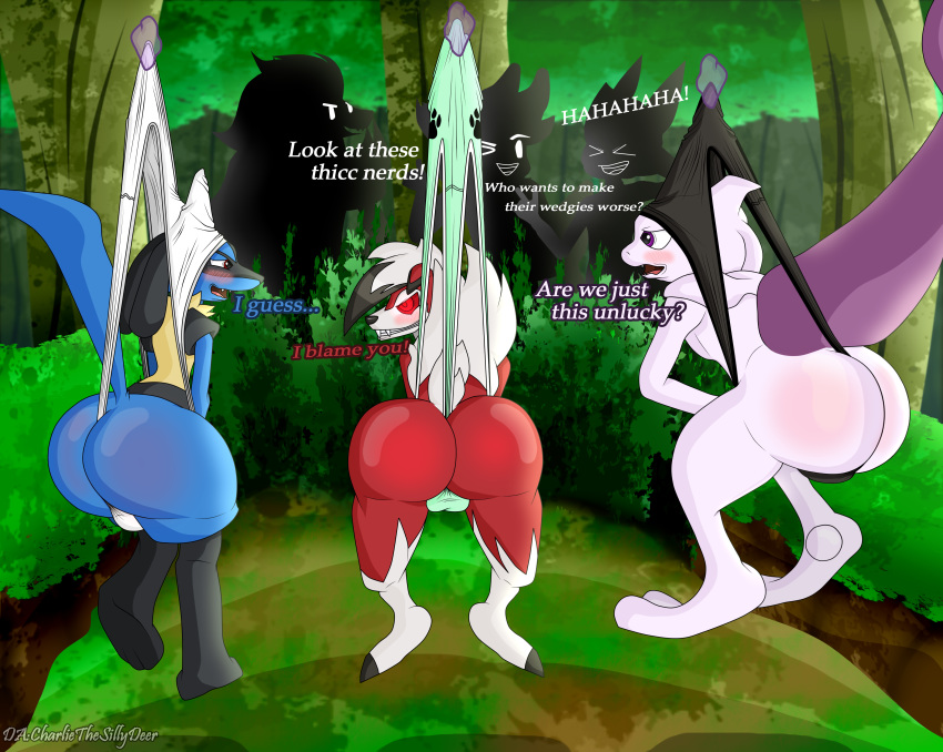 absurd_res anthro big_butt bulge butt charlie-loz clothing cock_and_ball_torture embarrassed forest genital_torture group hi_res humiliation legendary_pok&eacute;mon lucario lycanroc male mewtwo midnight_lycanroc nintendo pok&eacute;mon pok&eacute;mon_(species) spank_marks spanking thick_thighs tree underwear video_games wedgie zoroark
