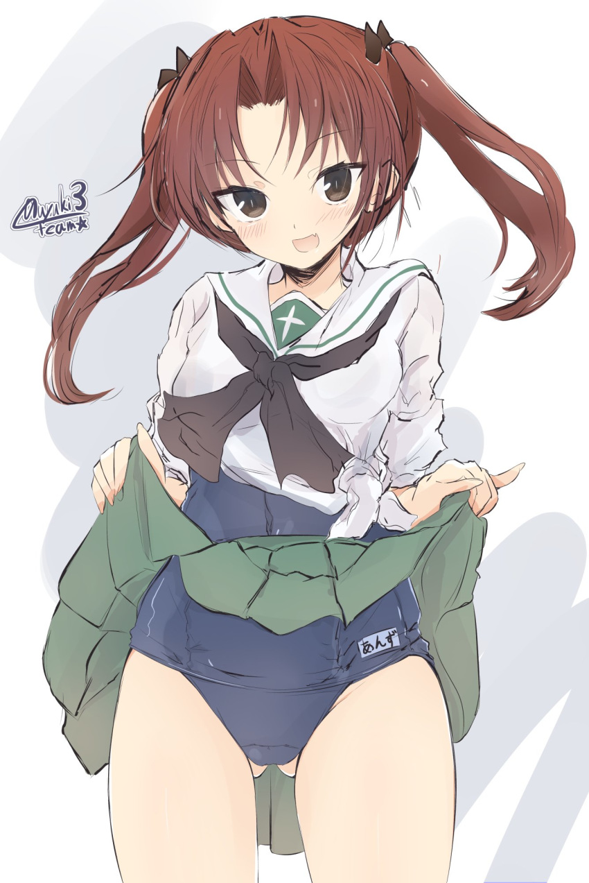 1girl ass_visible_through_thighs bangs black_bow black_neckwear blouse blue_swimsuit bow brown_eyes brown_hair character_name commentary covered_navel cowboy_shot crotch_seam eyebrows_visible_through_hair fang getsumen_suibaku_ver._a(c) girls_und_panzer green_skirt hair_bow highres kadotani_anzu light_blush long_hair long_sleeves looking_at_viewer miniskirt name_tag neckerchief old_school_swimsuit ooarai_school_uniform open_mouth parted_bangs pleated_skirt school_swimsuit school_uniform serafuku shirt skin_fang skirt skirt_lift smile solo standing swimsuit swimsuit_under_clothes thighs tied_shirt twintails twitter_username white_blouse