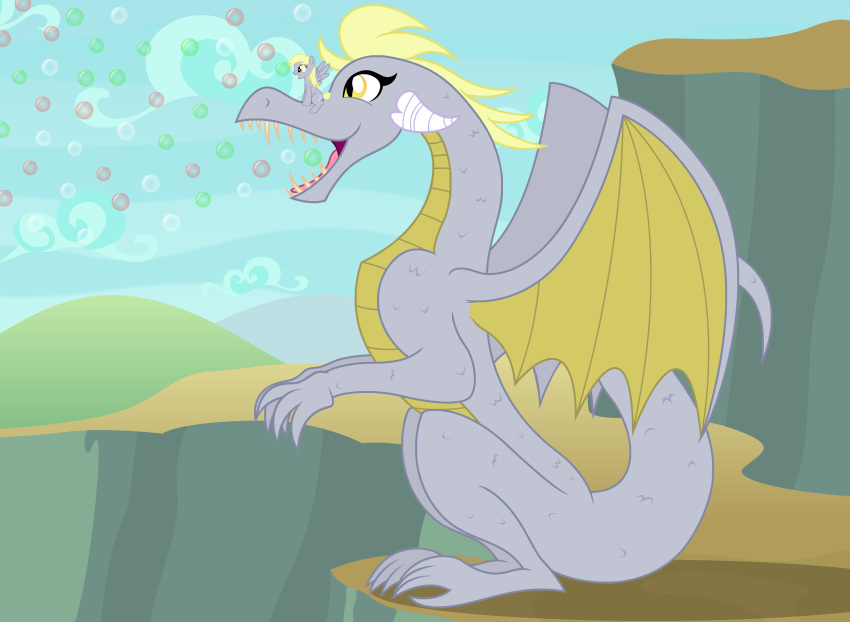 2019 alternate_species badumsquish blonde_hair bubble derpy_hooves_(mlp) dragon dragonification equid equine fangs female friendship_is_magic hair hi_res horn mammal my_little_pony pterippus scalie sharp_teeth sitting solo square_crossover teeth western_dragon wings