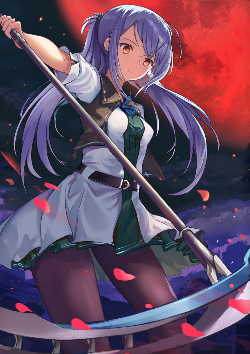 1girl bangs belt belt_buckle black_belt blue_ribbon brown_legwear brown_vest buckle closed_mouth cloud commentary dress eyebrows_visible_through_hair full_moon green_dress highres holding holding_scythe jacket long_hair moon mosta_(lo1777789) neck_ribbon night night_sky original outdoors outstretched_arm pantyhose petals pleated_dress red_eyes red_moon ribbon scythe short_sleeves silver_hair sky solo symbol_commentary very_long_hair vest white_jacket