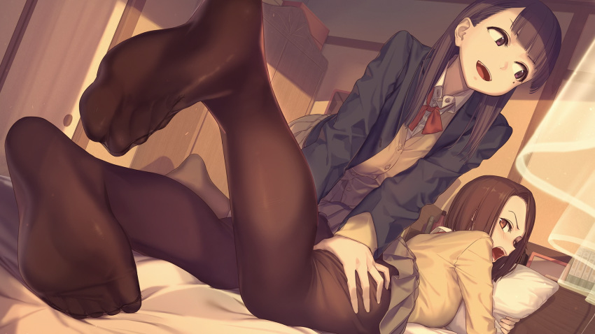 2girls :d bangs bedroom beige_cardigan bench black_legwear blazer blue_eyes blue_hair blue_jacket blush breasts brown_eyes brown_hair cellphone collared_shirt curtains embarrassed end_card feet grey_skirt highres indoors jacket kerchief long_hair long_sleeves looking_at_another looking_at_viewer looking_back massage miru_tights moegi_homi mole mole_under_eye multiple_girls nakabeni_yua official_art on_bed open_clothes open_jacket open_mouth outdoors pantyhose phone pillow pillow_hug red_neckwear school_uniform shirt short_hair sitting skirt smartphone smartphone_case smile white_shirt
