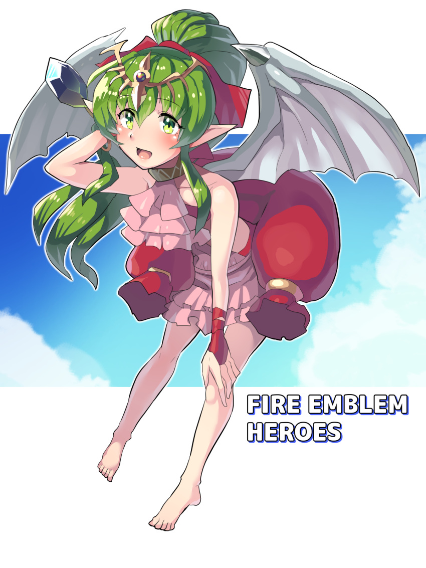 1girl boris_(noborhys) chiki fire_emblem fire_emblem:_monshou_no_nazo fire_emblem_heroes full_body green_eyes green_hair highres long_hair looking_at_viewer mamkute one-piece_swimsuit pixiv pointy_ears ponytail simple_background smile solo swimsuit tiara wings