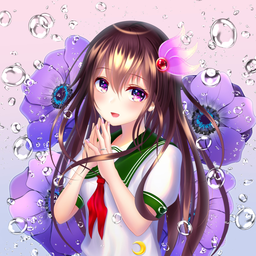 1girl blue_background brown_hair eyebrows_visible_through_hair fingers_together flower gradient gradient_background green_sailor_collar hair_between_eyes hair_ornament highres jewelry kantai_collection kisaragi_(kantai_collection) long_hair looking_at_viewer neckerchief open_mouth pink_background purple_eyes red_neckwear ribbon ring sailor_collar school_uniform serafuku shirt short_sleeves smile solo upper_body wabi_chazuke water_drop wedding_band wedding_ring white_shirt