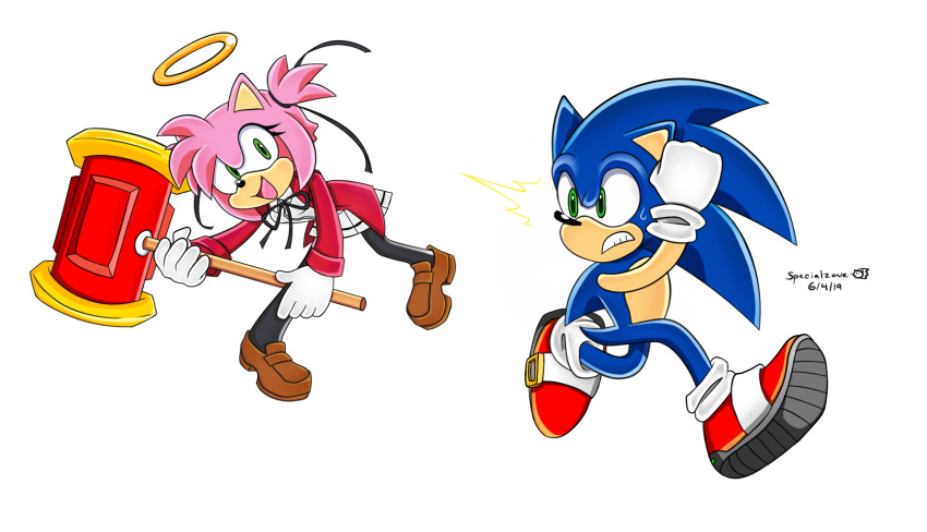 amy_rose angel frown hammer hi_res running shocked smile sonamy sonic_(series) sonic_the_hedgehog specialzone sweat tools