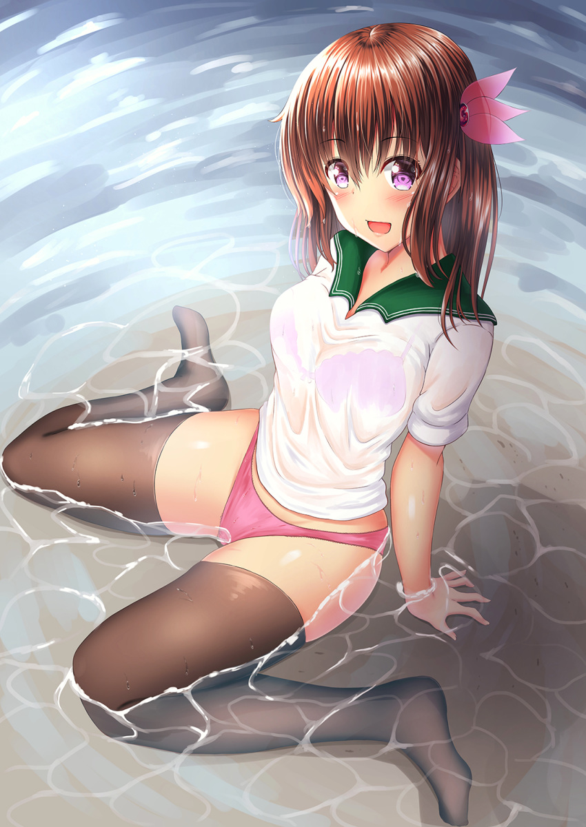 1girl arm_support black_legwear bra brown_hair hair_ornament highres kantai_collection kisaragi_(kantai_collection) long_hair open_mouth panties pink_bra pink_panties purple_eyes see-through shirt short_sleeves sitting solo takamichis211 thighhighs underwear wariza water wet wet_clothes wet_hair wet_shirt wet_t-shirt white_shirt