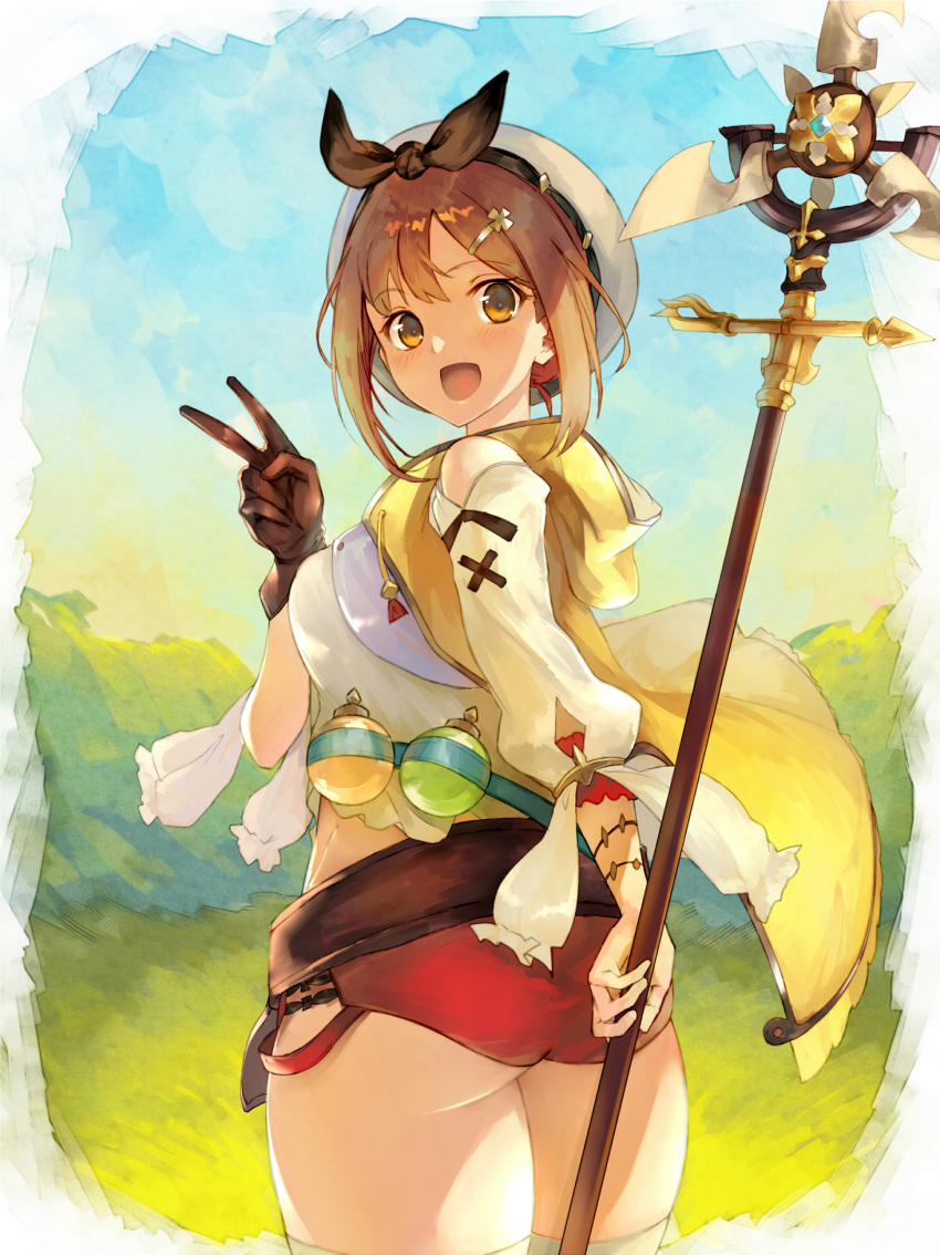 1girl :d ass atelier_(series) atelier_ryza bangs blue_sky breasts brown_eyes brown_gloves brown_hair commentary_request gloves hair_ornament hairclip hand_up highres jazztaki jewelry leather leather_gloves light_blush looking_at_viewer looking_back medium_breasts midriff necklace open_mouth outdoors red_shorts reisalin_stout round-bottom_flask short_shorts shorts shoulder_cutout sidelocks single_bare_shoulder single_glove skindentation sky smile solo staff standing thick_thighs thighhighs thighs twisted_torso v white_legwear