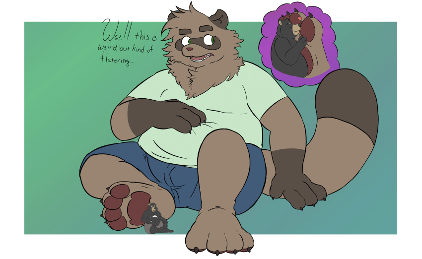 2019 4_toes absurd absurd_res andythetanuki anthro belly big_belly brown_fur canid canine clothed clothing dialogue digital_media_(artwork) duo english_text fur hi_res macro male male/male mammal micro open_mouth overweight overweight_male paws raccoon_dog simple_background size_difference tanuki text toes ursid