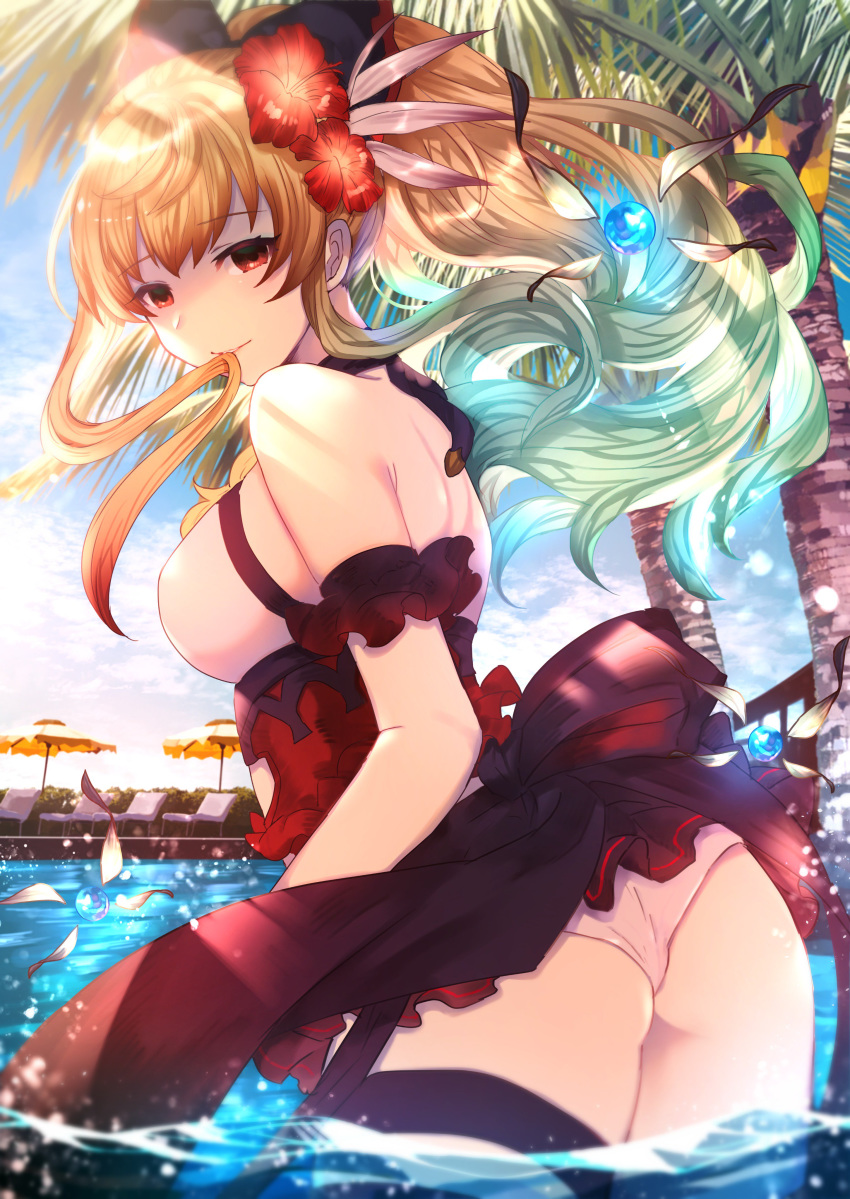 1girl absurdres bangs bare_shoulders black_ribbon blonde_hair blue_sky blush bow breasts chair cloud day detached_sleeves dress empty_eyes floating_hair flower granblue_fantasy grin hair_between_eyes hair_bow hair_ornament hair_ribbon hibiscus highres large_breasts long_hair looking_at_viewer lounge_chair orange_eyes outdoors palm_tree panties ponytail pool ribbon short_dress shoulder_blades sidelocks sky sleeveless sleeveless_dress smile solo sunlight sweetroad thigh_strap tree umbrella underwear vira_lilie wading white_panties