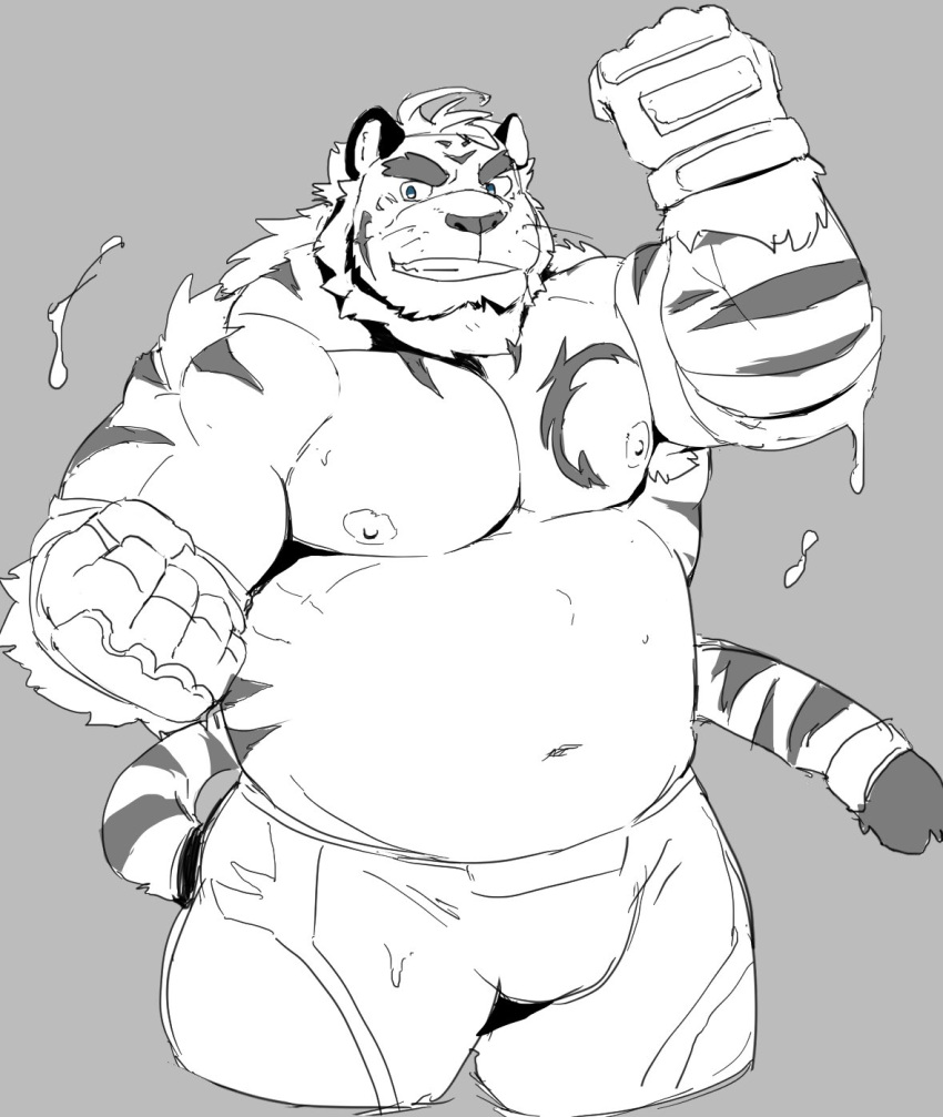 2019 anthro belly bottomwear clothing felid hombretigre huger_smot humanoid_hands male mammal navel overweight overweight_male pantherine shorts solo tiger tokyo_afterschool_summoners video_games