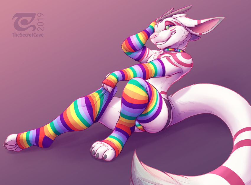 2019 4_toes anthro arm_warmers armwear clothing collar digital_media_(artwork) dragon fur furred_dragon green_eyes jockstrap legwear looking_at_viewer male multicolored_clothing pink_nose rainbow_clothing simple_background sitting smile solo stockings teeth the_secret_cave toes underwear