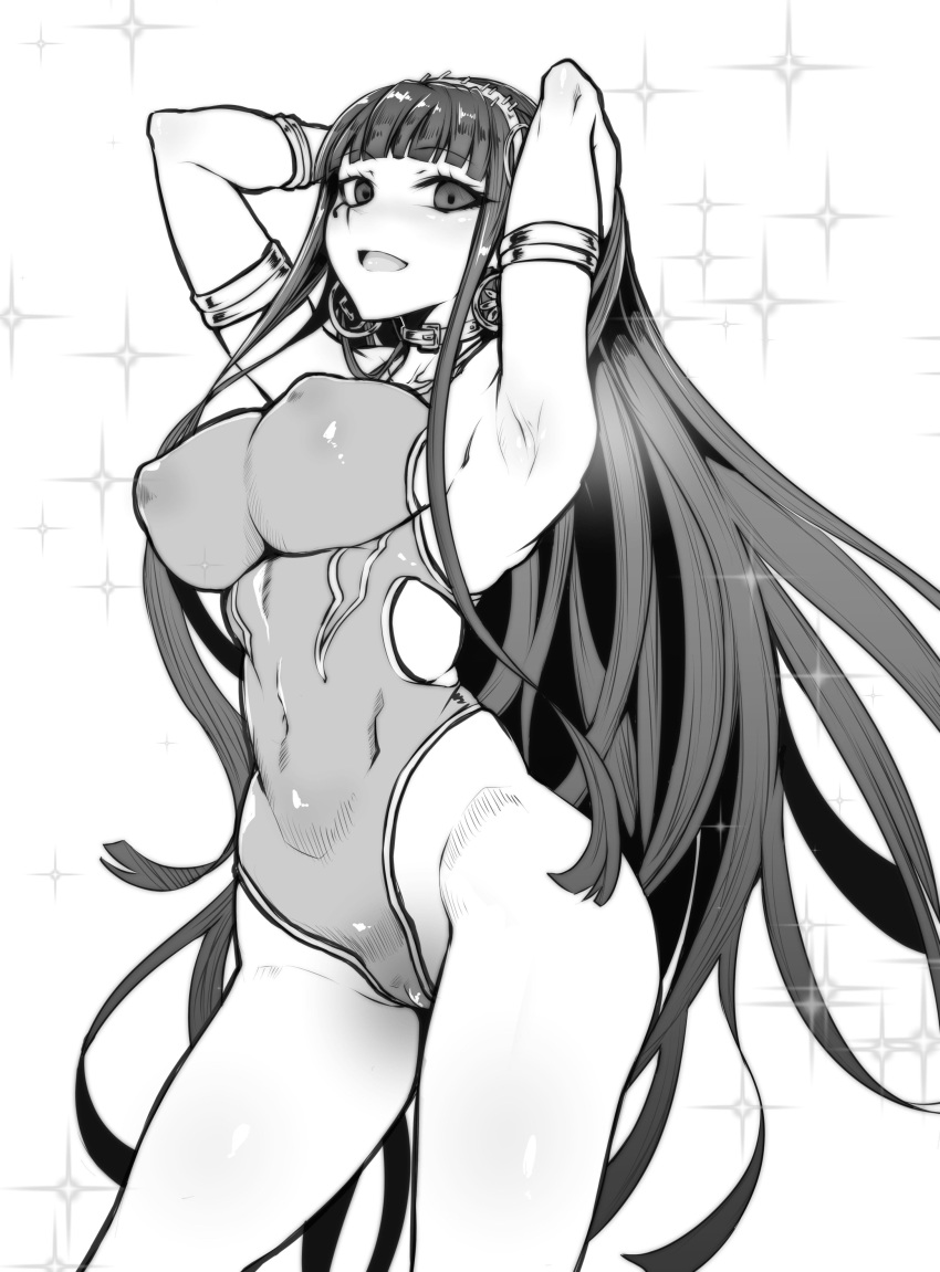 1girl absurdres armpits arms_behind_head arms_up blush breasts cleopatra_(fate/grand_order) competition_swimsuit covered_navel earrings fate/grand_order fate_(series) gggg hairband highres hoop_earrings jewelry large_breasts long_hair looking_at_viewer one-piece_swimsuit open_mouth ring smile solo swimsuit very_long_hair