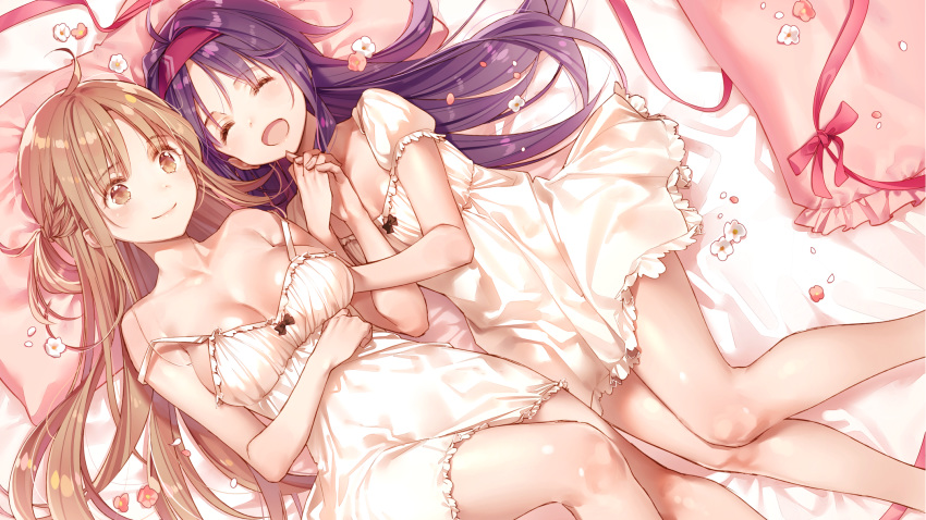 2girls :d ^_^ ahoge artist_name asuna_(sao) bed_sheet breasts brown_eyes brown_hair cleavage closed_eyes collarbone dress dsmile eyebrows_visible_through_hair fanbox_reward from_above hairband highres holding_hands interlocked_fingers long_hair lying medium_breasts multiple_girls off_shoulder on_back on_side open_mouth paid_reward pink_pillow purple_hair purple_hairband shiny shiny_skin short_dress sleeveless sleeveless_dress small_breasts smile sword_art_online very_long_hair white_dress yuuki_(sao)