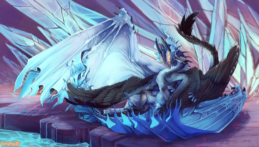 2019 black_feathers blue_penis capcom cum cum_in_pussy cum_inside digital_media_(artwork) dragon duo elder_dragon feathered_dragon feathered_wings feathers fellatio female feral fur furred_dragon glowing glowing_penis hi_res male male/female membrane_(anatomy) membranous_wings monster_hunter oral penile penis ravoilie scalie sex video_games wings wyvern xeno'jiiva