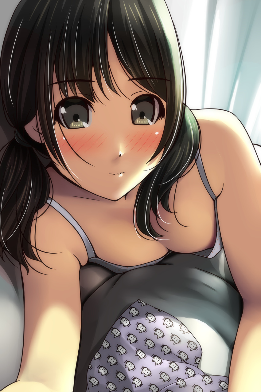 1girl absurdres animal_print backlighting bangs bare_shoulders bed_sheet black_hair blue_camisole blush breasts brown_eyes camisole cat_panties cat_print cleavage curtains eyebrows_visible_through_hair highres indoors long_hair looking_at_viewer lying matsunaga_kouyou nose_blush on_stomach original panties panties_removed parted_lips print_panties purple_panties small_breasts solo underwear