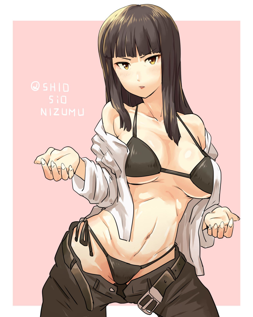 1girl bangs belt bikini bikini_under_clothes black_belt black_bikini black_pants blunt_bangs breasts brown_eyes brown_hair commentary cowboy_shot dress_shirt girls_und_panzer groin highres large_breasts leaning_forward long_hair looking_at_viewer mature nishizumi_shiho off_shoulder open_clothes open_pants open_shirt outside_border pants parted_lips pink_background ribs shio_nizumu shirt side-tie_bikini solo standing straight_hair swimsuit twitter_username white_shirt