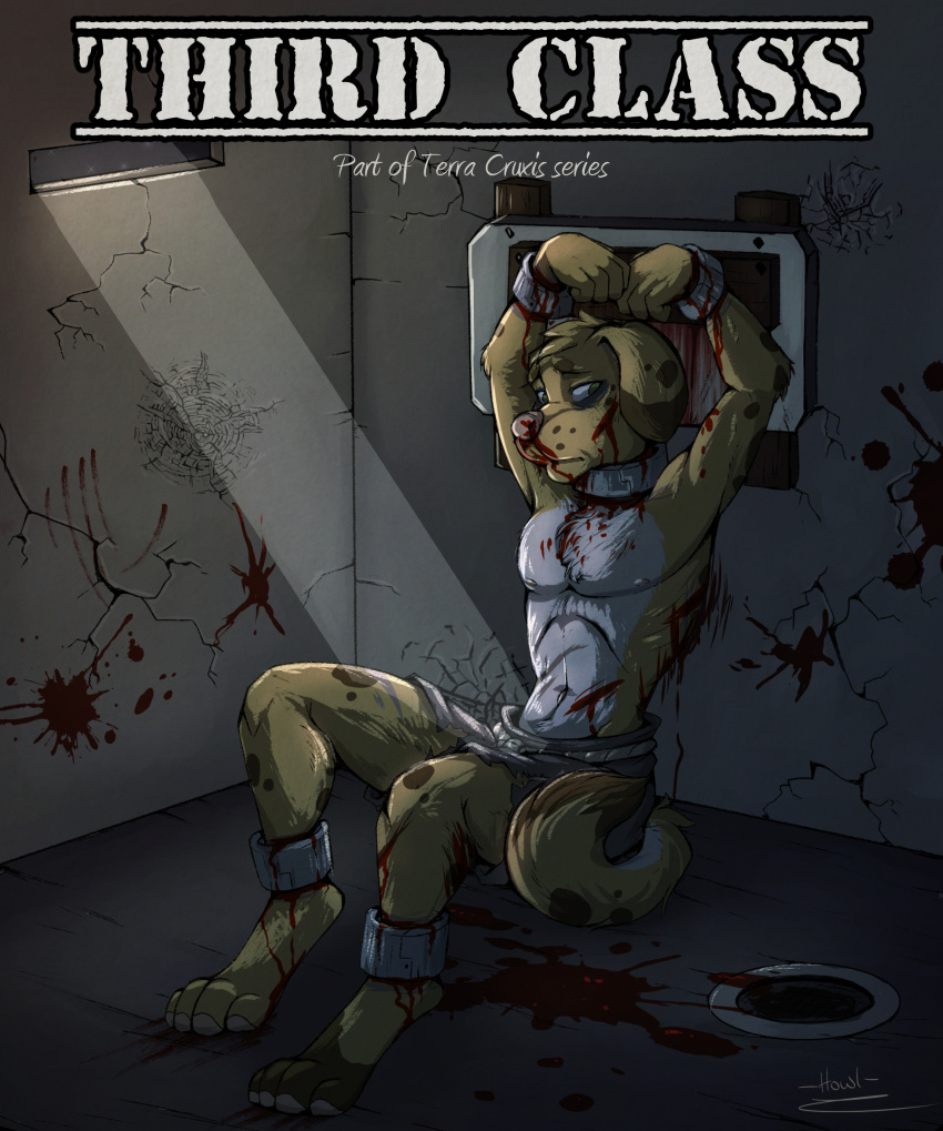 abuse blood bound broken canid canine canis comic cuffs_(disambiguation) cut_(disambiguation) domestic_dog gore howlart light mammal moonlight patchfoot prison sad slave stocks terra_cruxis third_class tired