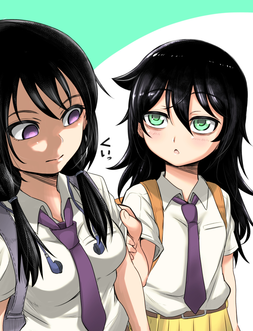 2girls 3: bag bags_under_eyes black_hair breasts chestnut_mouth commentary dress_shirt earphones_removed empty_eyes glance green_eyes highres kuroki_tomoko long_hair multiple_girls necktie open_mouth pinching purple_neckwear school_bag school_uniform shaded_face shirt short_sleeves skirt sleeve_tug tamura_yuri twintails watashi_ga_motenai_no_wa_dou_kangaetemo_omaera_ga_warui! white_shirt zatou_(kirsakizato)