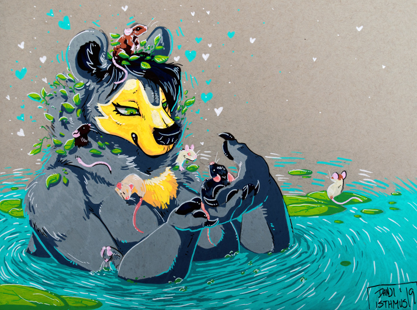 &lt;3 2019 ambiguous_gender anthro black_bear black_claws black_fur black_hair black_nose breasts brown_fur claws danji-isthmus eyelashes female feral flora_fauna fur green_eyes grey_background grey_fur group hair hi_res larger_anthro larger_female lily_pad mammal moon_bear multicolored_fur murid murine partially_submerged pink_tail plant rat rodent short_hair simple_background size_difference smaller_ambiguous smaller_feral traditional_media_(artwork) two_tone_fur ursid ursine water white_fur yellow_fur