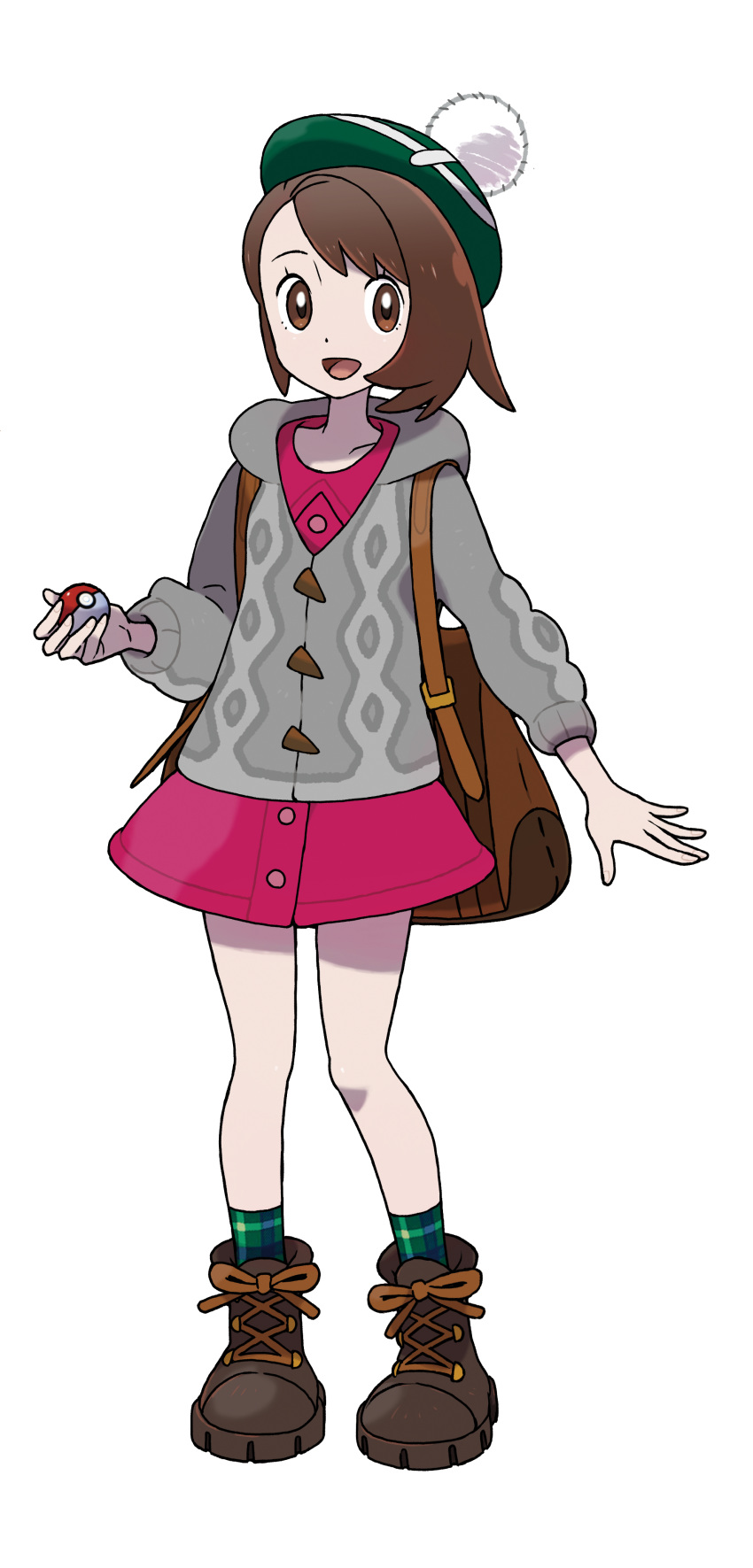 1girl absurdres backpack bag bangs beanie bob_cut boots brown_bag brown_eyes brown_footwear brown_hair cardigan dress female_protagonist_(pokemon_swsh) full_body green_headwear green_legwear grey_cardigan hat highres holding holding_poke_ball long_sleeves looking_at_viewer official_art open_mouth pink_dress poke_ball pokemon pokemon_(game) pokemon_swsh short_hair smile solo tam_o'_shanter