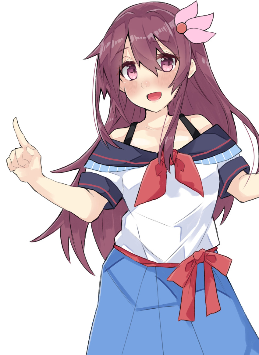 1girl absurdres alternate_costume blue_skirt blush brown_hair commentary_request dokuganryuu hair_ornament highres index_finger_raised kantai_collection kisaragi_(kantai_collection) long_hair looking_at_viewer off_shoulder open_mouth purple_eyes shirt simple_background skirt smile solo white_background white_shirt