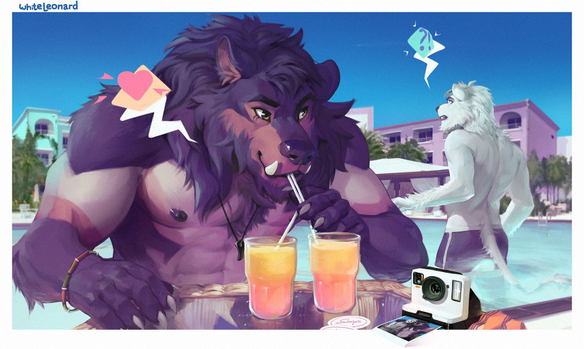 ! &lt;3 ? abs alcohol anthro beverage canid canine canis clothed clothing cocktail fangs felid fur hi_res lion male male/male mammal muscular pantherine pecs purple_fur swimming swimming_pool topless troxo water whiteleonard wolf