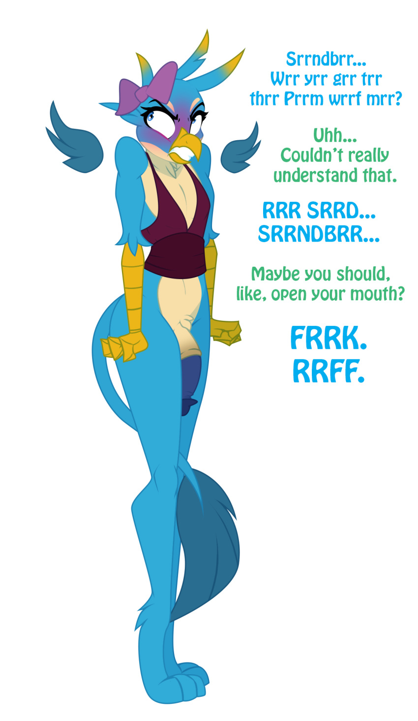 angry anthro anthrofied avian blue_eyes blush bow clenched_teeth clothed clothing crossdressing dialogue english_text friendship_is_magic gallus_(mlp) gryphon hi_res jrvanesbroek male my_little_pony penis pose solo standing teeth text wings