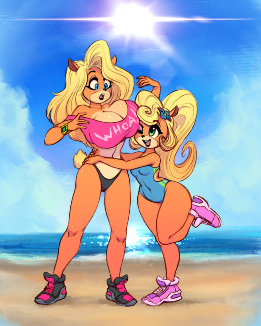 2019 anthro bandicoot bare_legs bare_shoulders beach big_breasts black_clothing black_footwear black_nose black_shoes black_underwear blonde_hair blue_clothing blue_eyes blue_flower blue_swimwear breasts cleavage clock clothed clothing coco_bandicoot crash_bandicoot_(series) curled_hair detailed_background digital_drawing_(artwork) digital_media_(artwork) duo eyebrows eyelashes female flower flower_in_hair footwear fur green_eyes hair hands_on_waist head_on_breast hi_res huge_breasts long_hair looking_down looking_up mammal marsupial midriff multicolored_fur naughty_dog navel nitro one-piece_swimsuit one_eye_closed one_leg_up open_mouth orange_fur outside pink_clothing pink_footwear pink_shirt pink_shoes pink_topwear plant ponytail raised_leg sand sea seaside shirt shoes shore size_difference sky small_waist smile sony_corporation sony_interactive_entertainment squish standing sun surprise swimwear tawna_bandicoot thick_thighs topwear two_tone_fur underwear video_games watch water wavy_hair wide_hips wristwatch